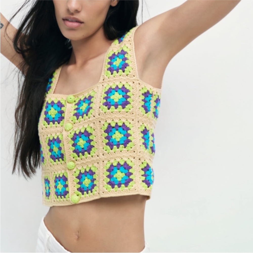 ZARA Crochet Knit Top Women’s size Medium Multicolor granny square cropped tank